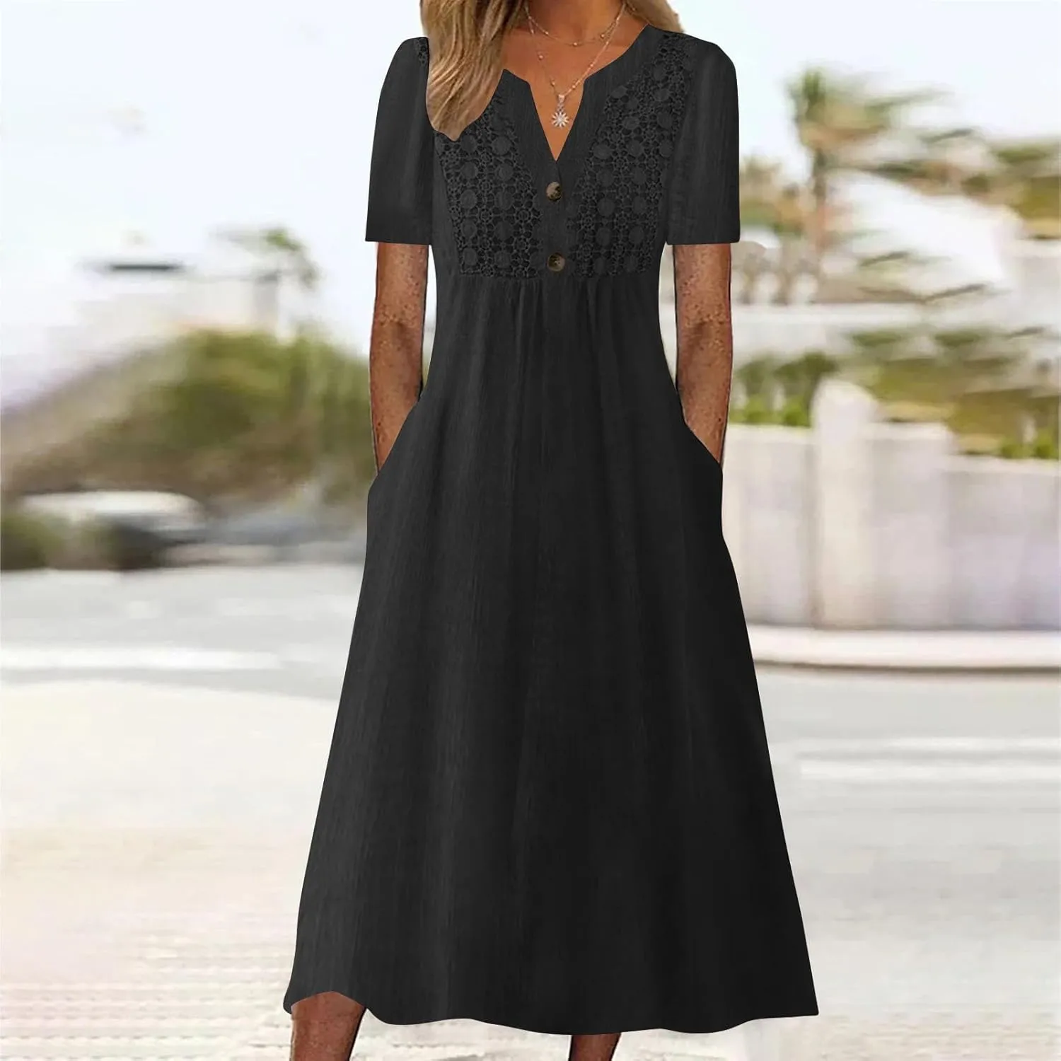 LEMONONSTORE Crochet Lace Dress for Women Button V Neck Short Sleeve Summer Dresses Casual Loose Fit Lounge Vacation Clothes