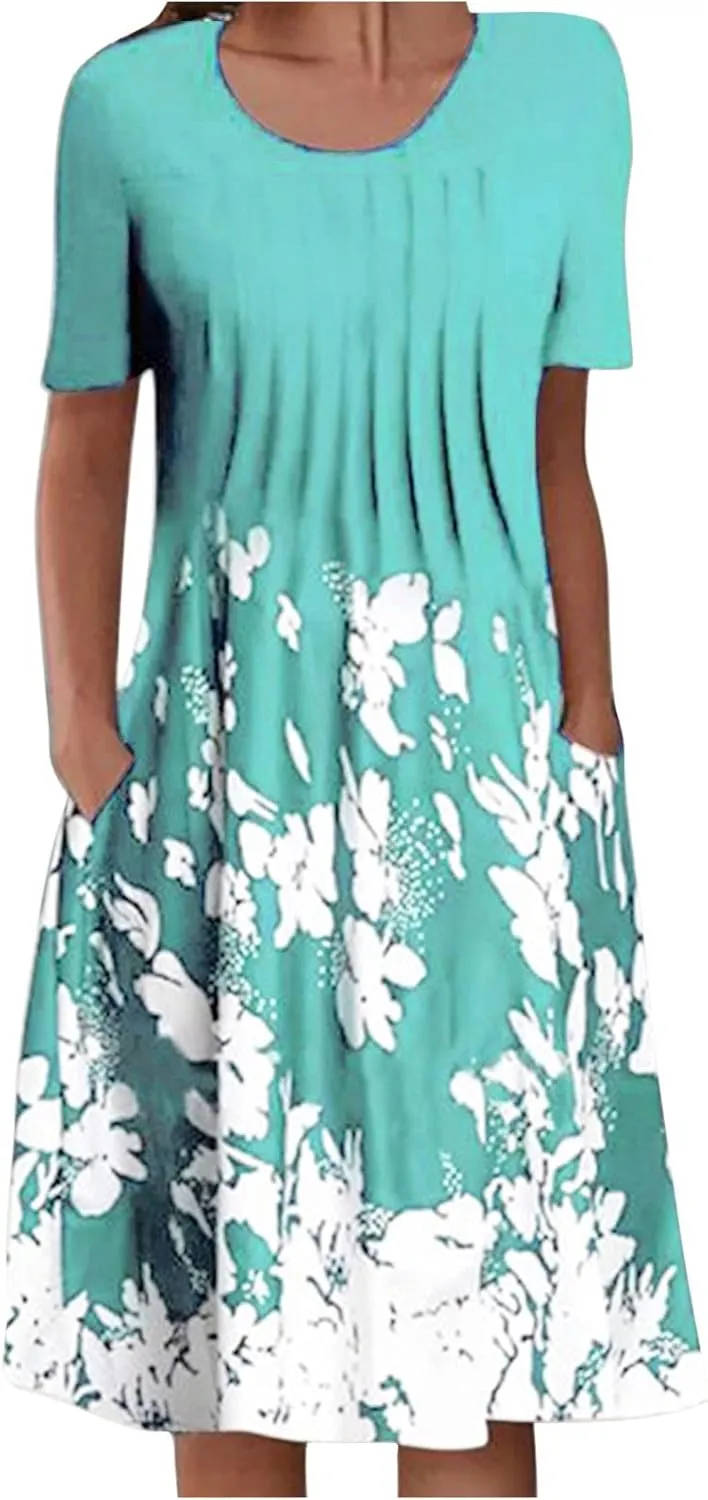 LFEOOST Long Dress for Women Summer Fashion Casual Short Sleeve Round Neck Floral Print Loose Beach Dress with Pocket