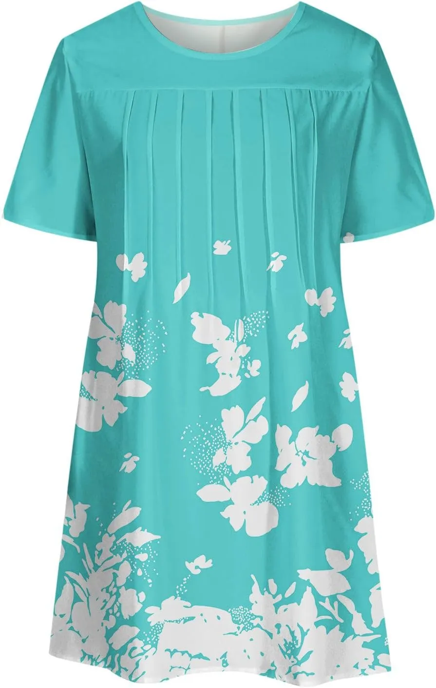 LFEOOST Long Dress for Women Summer Fashion Casual Short Sleeve Round Neck Floral Print Loose Beach Dress with Pocket