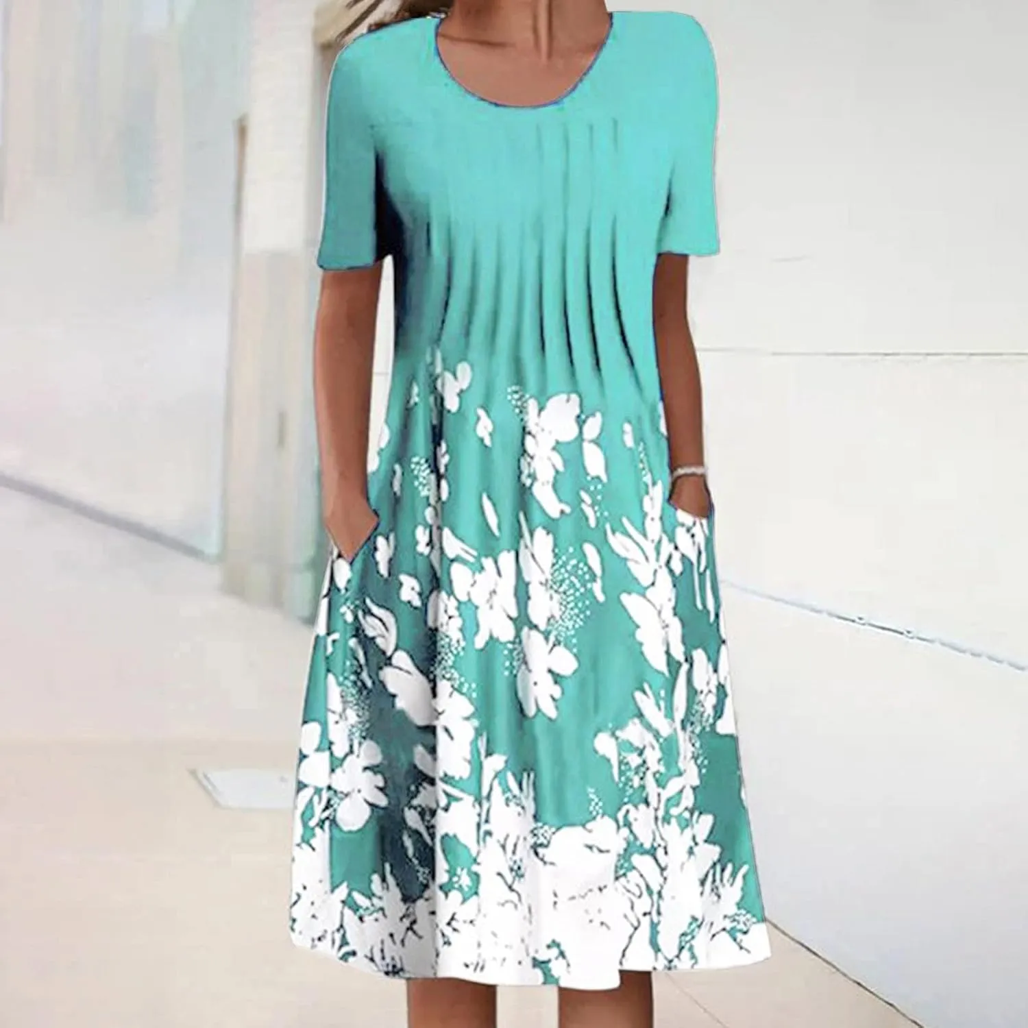 LFEOOST Long Dress for Women Summer Fashion Casual Short Sleeve Round Neck Floral Print Loose Beach Dress with Pocket