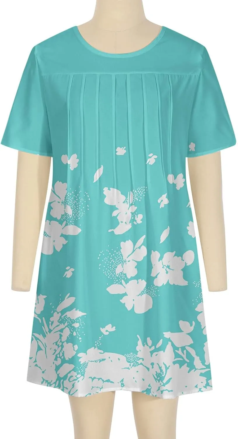 LFEOOST Long Dress for Women Summer Fashion Casual Short Sleeve Round Neck Floral Print Loose Beach Dress with Pocket
