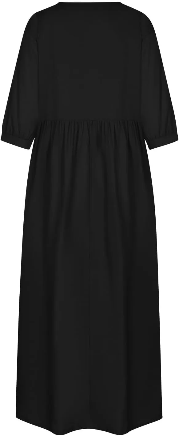 Linen 3/4 Sleeve Dress for Women Crewneck Loose Summer Dress with Pockets Boho Smocked Flowy Hem Midi T Shirt Dress