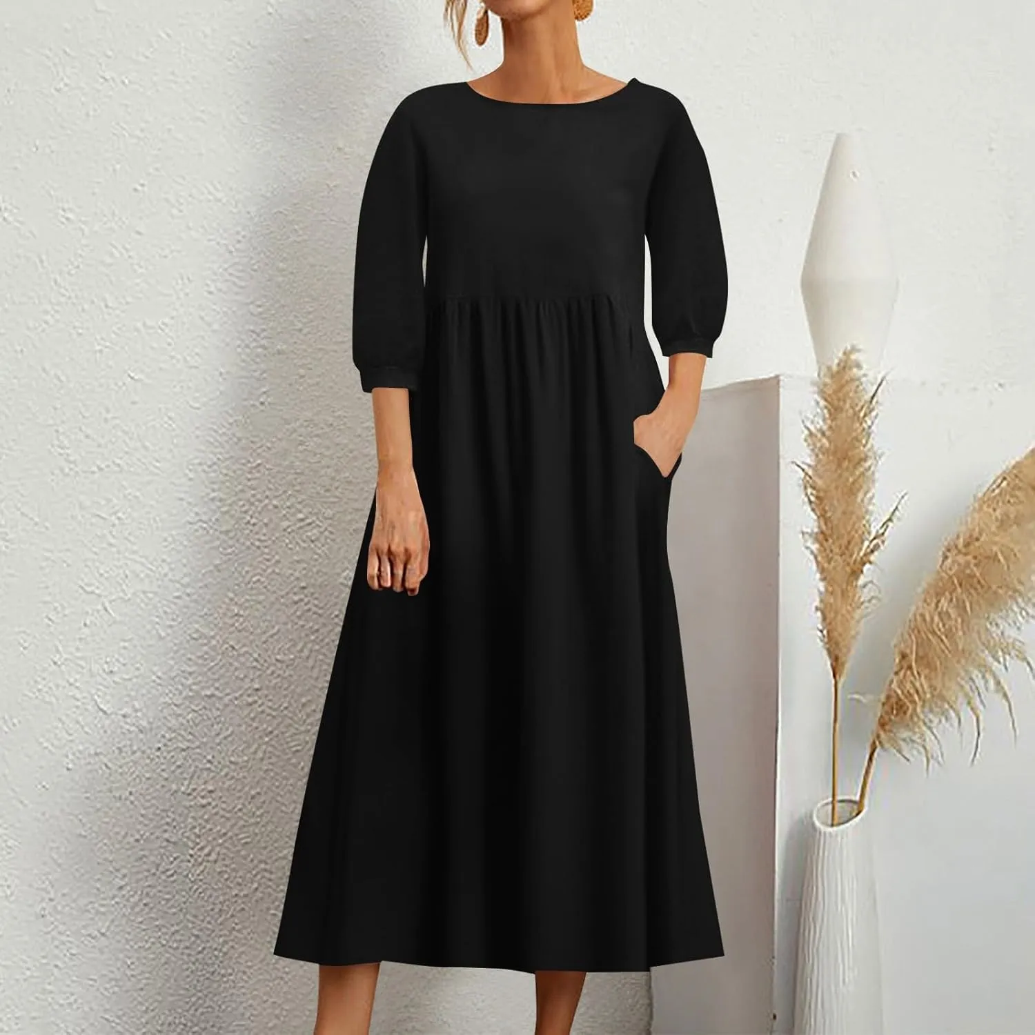 Linen 3/4 Sleeve Dress for Women Crewneck Loose Summer Dress with Pockets Boho Smocked Flowy Hem Midi T Shirt Dress