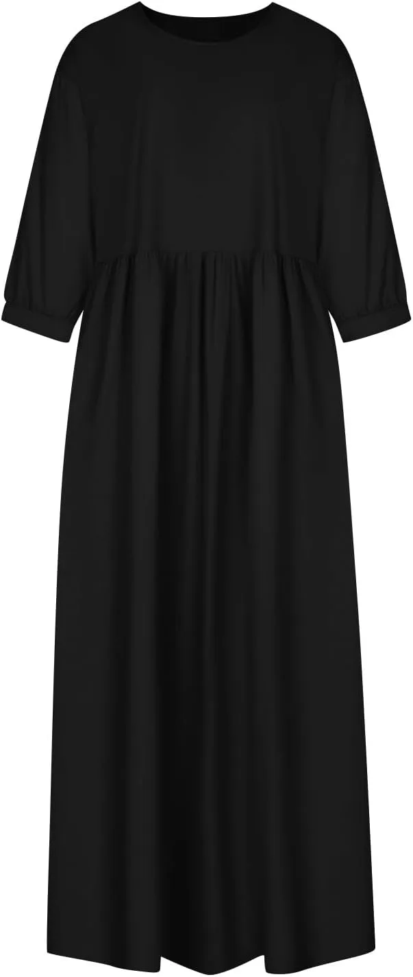 Linen 3/4 Sleeve Dress for Women Crewneck Loose Summer Dress with Pockets Boho Smocked Flowy Hem Midi T Shirt Dress
