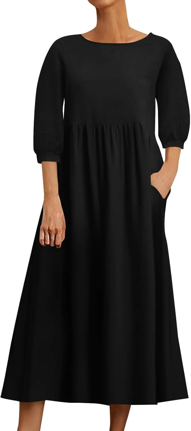 Linen 3/4 Sleeve Dress for Women Crewneck Loose Summer Dress with Pockets Boho Smocked Flowy Hem Midi T Shirt Dress
