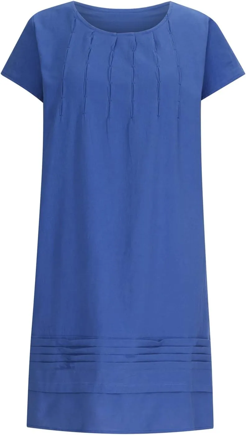 Linen Dress for Women Summer Pleated a Line Travel Sundress Crewneck Short Sleeve Dresses Vacation Casual Dress 2025