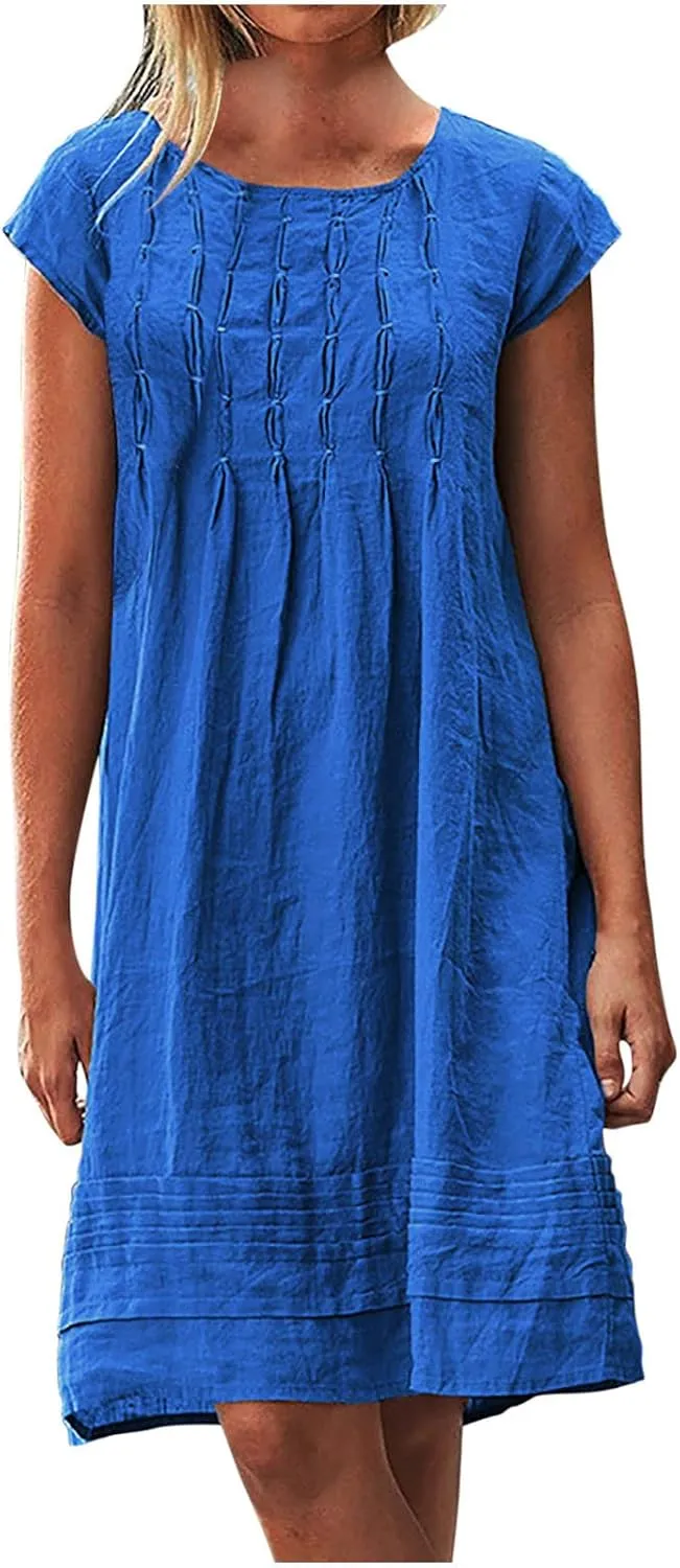 Linen Dress for Women Summer Pleated a Line Travel Sundress Crewneck Short Sleeve Dresses Vacation Casual Dress 2025