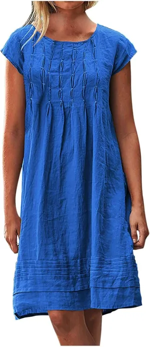 Linen Dress for Women Summer Pleated a Line Travel Sundress Crewneck Short Sleeve Dresses Vacation Casual Dress 2025