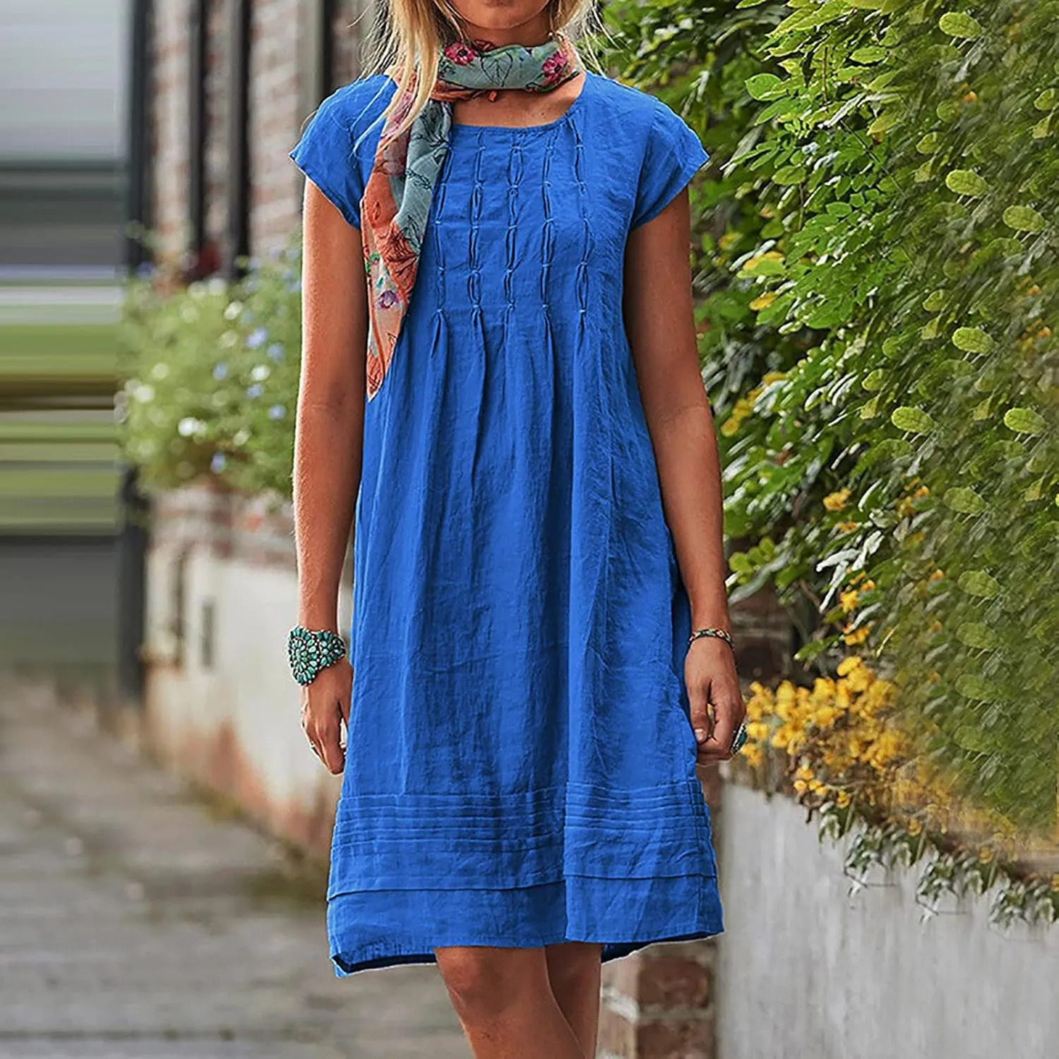 Linen Dress for Women Summer Pleated a Line Travel Sundress Crewneck Short Sleeve Dresses Vacation Casual Dress 2025