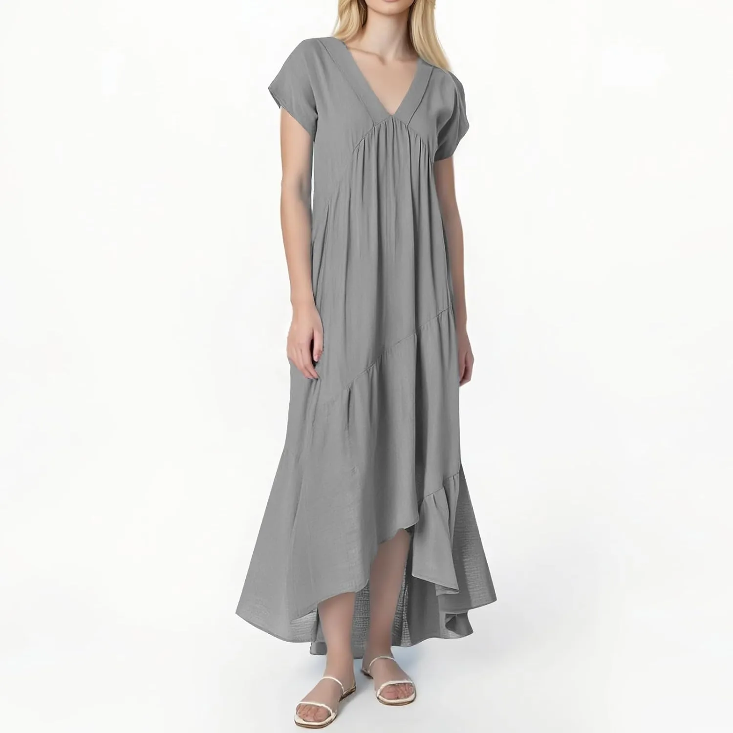 Linen Dress Women Short Sleeve V Neck Dresses Ruffle Casual Boho Beach Vacation Swing Flowy Summer Dress Plus Size