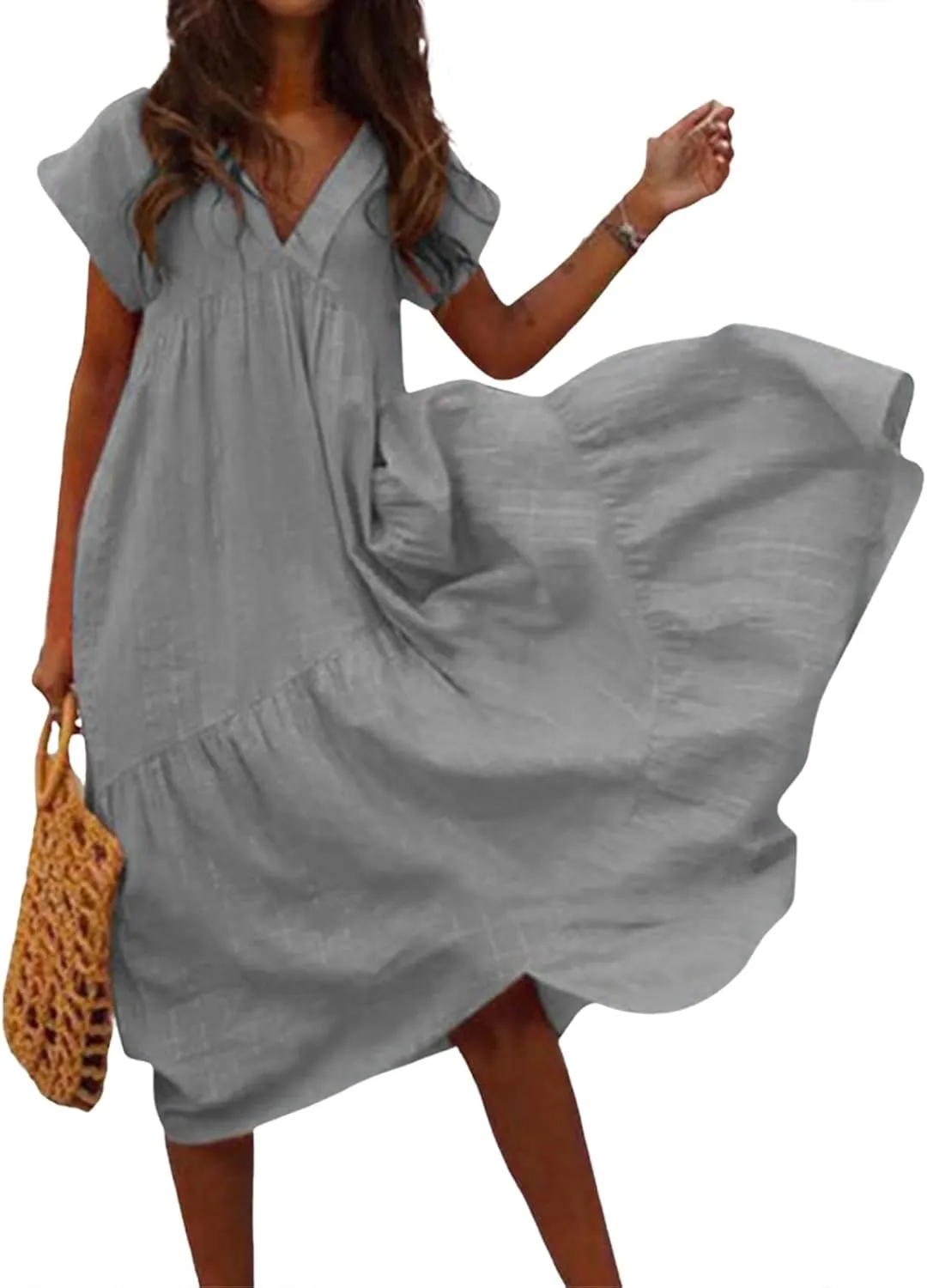 Linen Dress Women Short Sleeve V Neck Dresses Ruffle Casual Boho Beach Vacation Swing Flowy Summer Dress Plus Size
