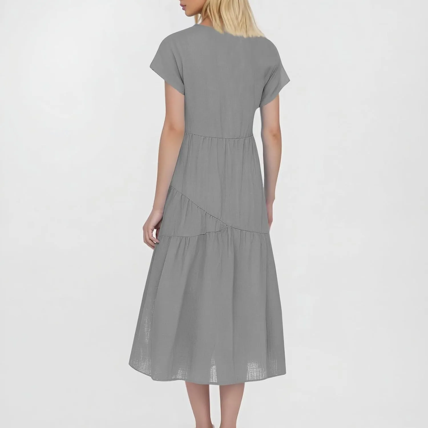 Linen Dress Women Short Sleeve V Neck Dresses Ruffle Casual Boho Beach Vacation Swing Flowy Summer Dress Plus Size