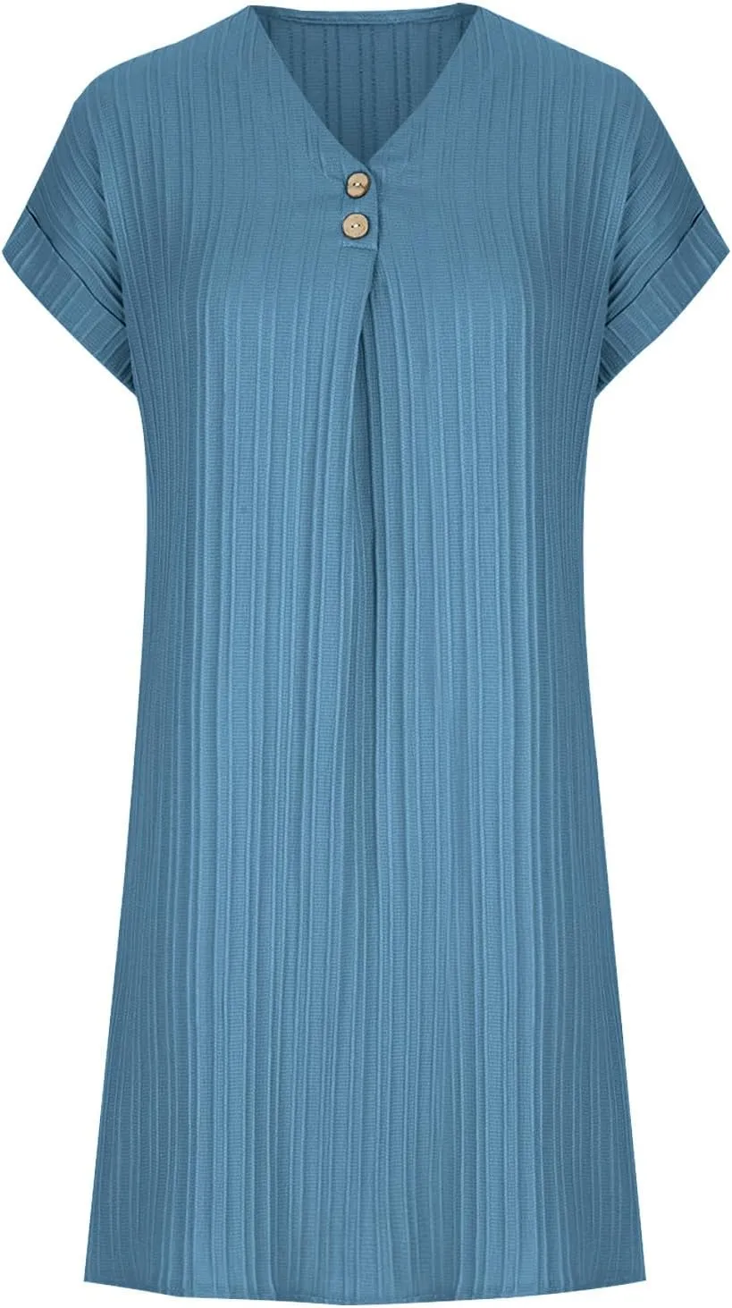 Linen Dresses for Women 2024 Summer Casual V Neck Short Sleeve Shift Dress Trendy Smocked Beach Midi Sundress