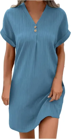 Linen Dresses for Women 2024 Summer Casual V Neck Short Sleeve Shift Dress Trendy Smocked Beach Midi Sundress
