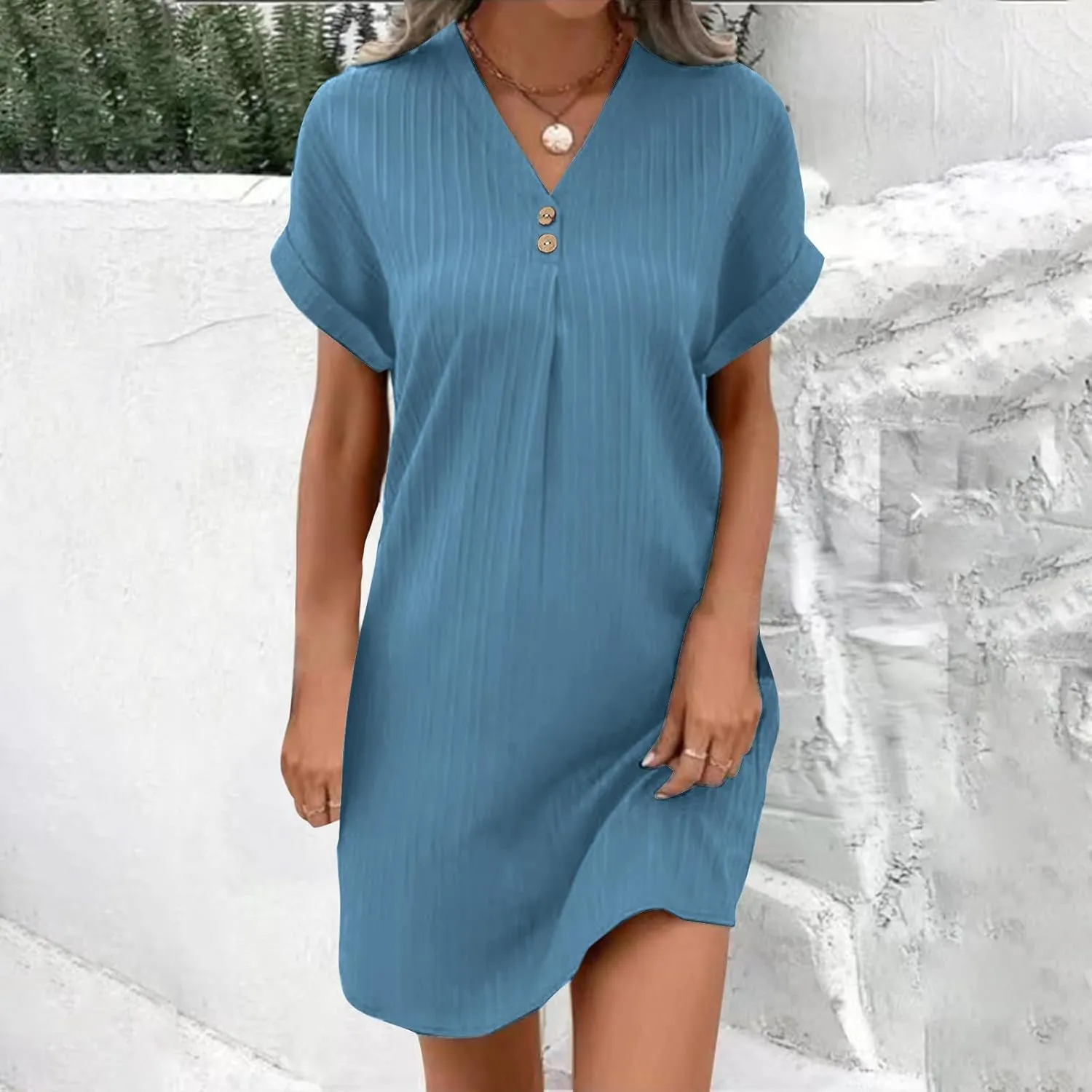 Linen Dresses for Women 2024 Summer Casual V Neck Short Sleeve Shift Dress Trendy Smocked Beach Midi Sundress