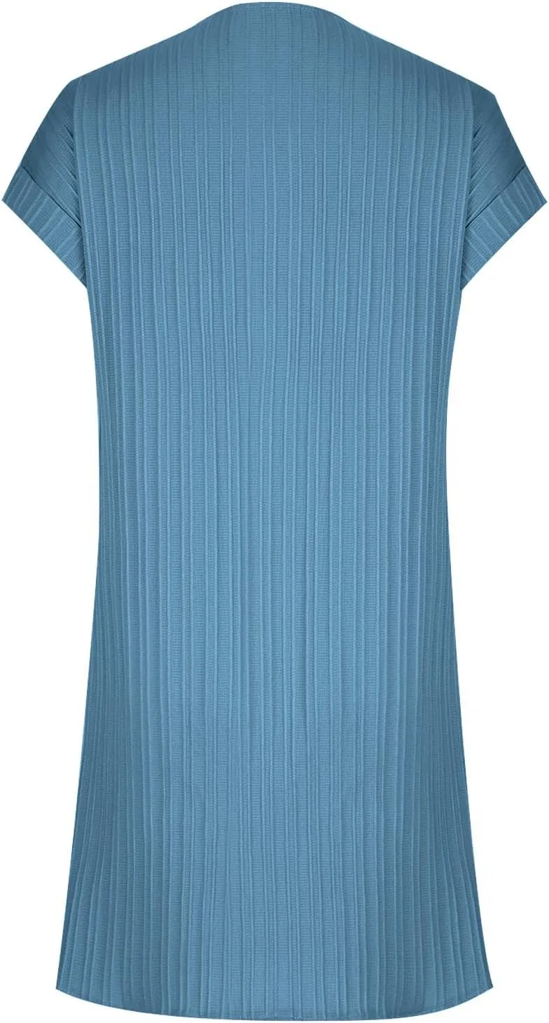 Linen Dresses for Women 2024 Summer Casual V Neck Short Sleeve Shift Dress Trendy Smocked Beach Midi Sundress