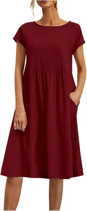 Linen Dresses for Women 2025 Casual Short Sleeve T Shirt Dress Crew Neck Loose Solid Basic Dresses with Pockets