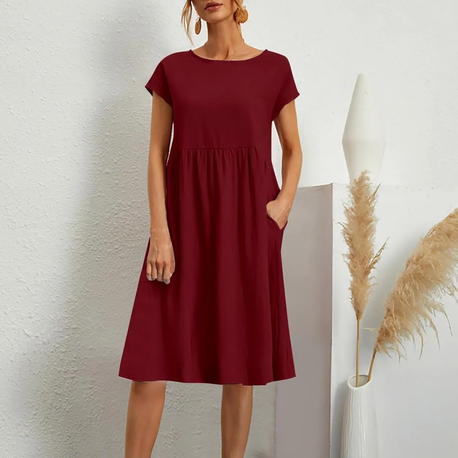 Linen Dresses for Women 2025 Casual Short Sleeve T Shirt Dress Crew Neck Loose Solid Basic Dresses with Pockets