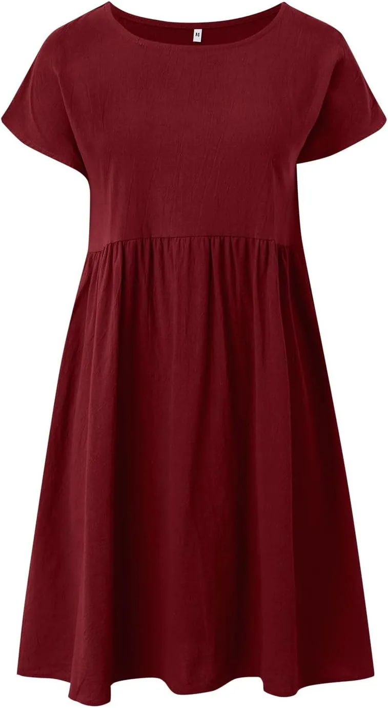 Linen Dresses for Women 2025 Casual Short Sleeve T Shirt Dress Crew Neck Loose Solid Basic Dresses with Pockets