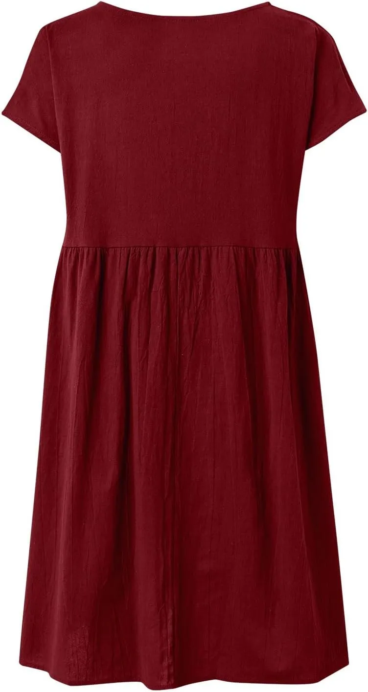 Linen Dresses for Women 2025 Casual Short Sleeve T Shirt Dress Crew Neck Loose Solid Basic Dresses with Pockets