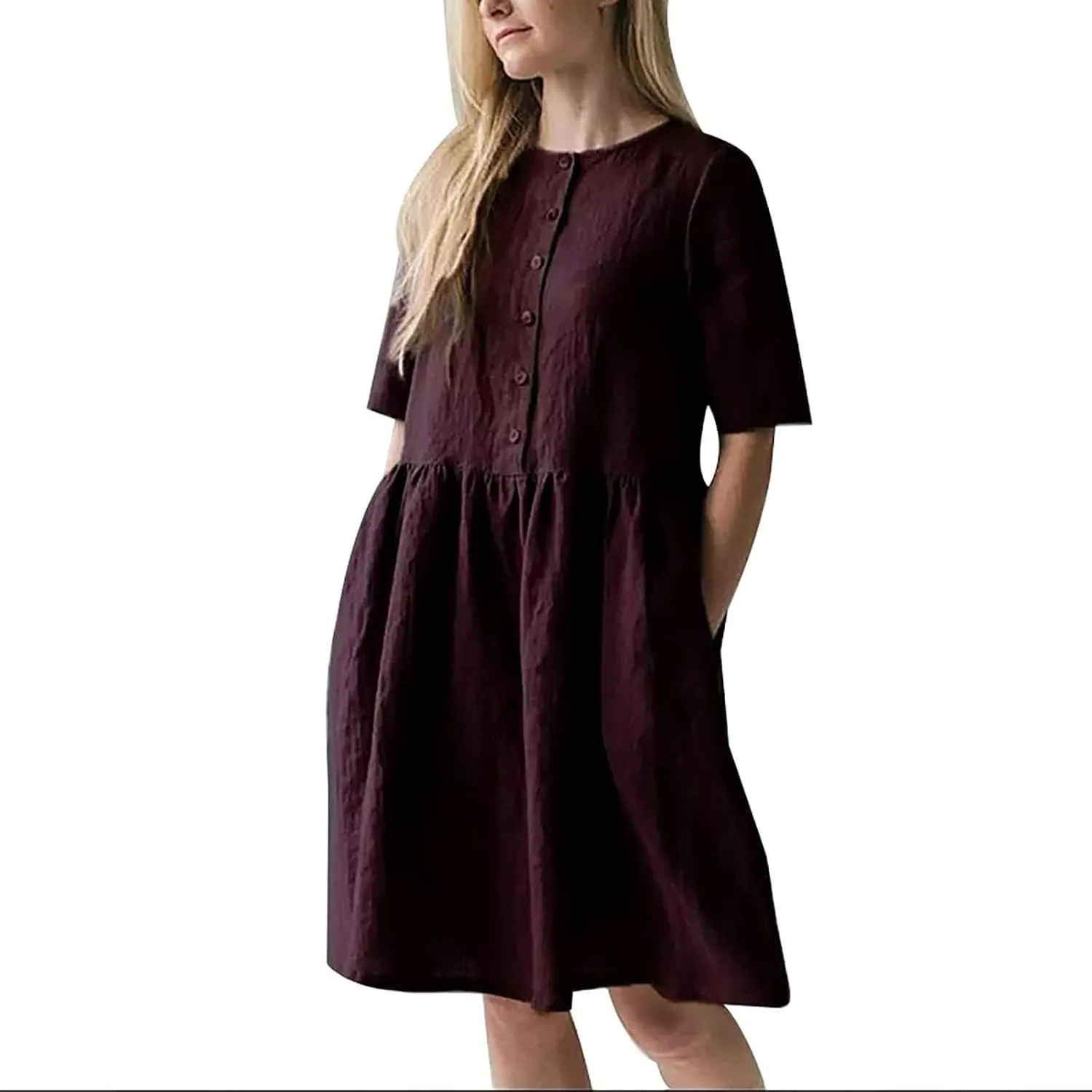 Linen Dresses for Women 2025 Short Sleeve Ribbed Knit Dresses a Line Flowy Business Sundress Basic Mini Work Dress