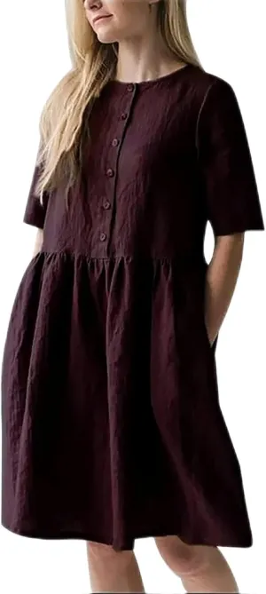 Linen Dresses for Women 2025 Short Sleeve Ribbed Knit Dresses a Line Flowy Business Sundress Basic Mini Work Dress