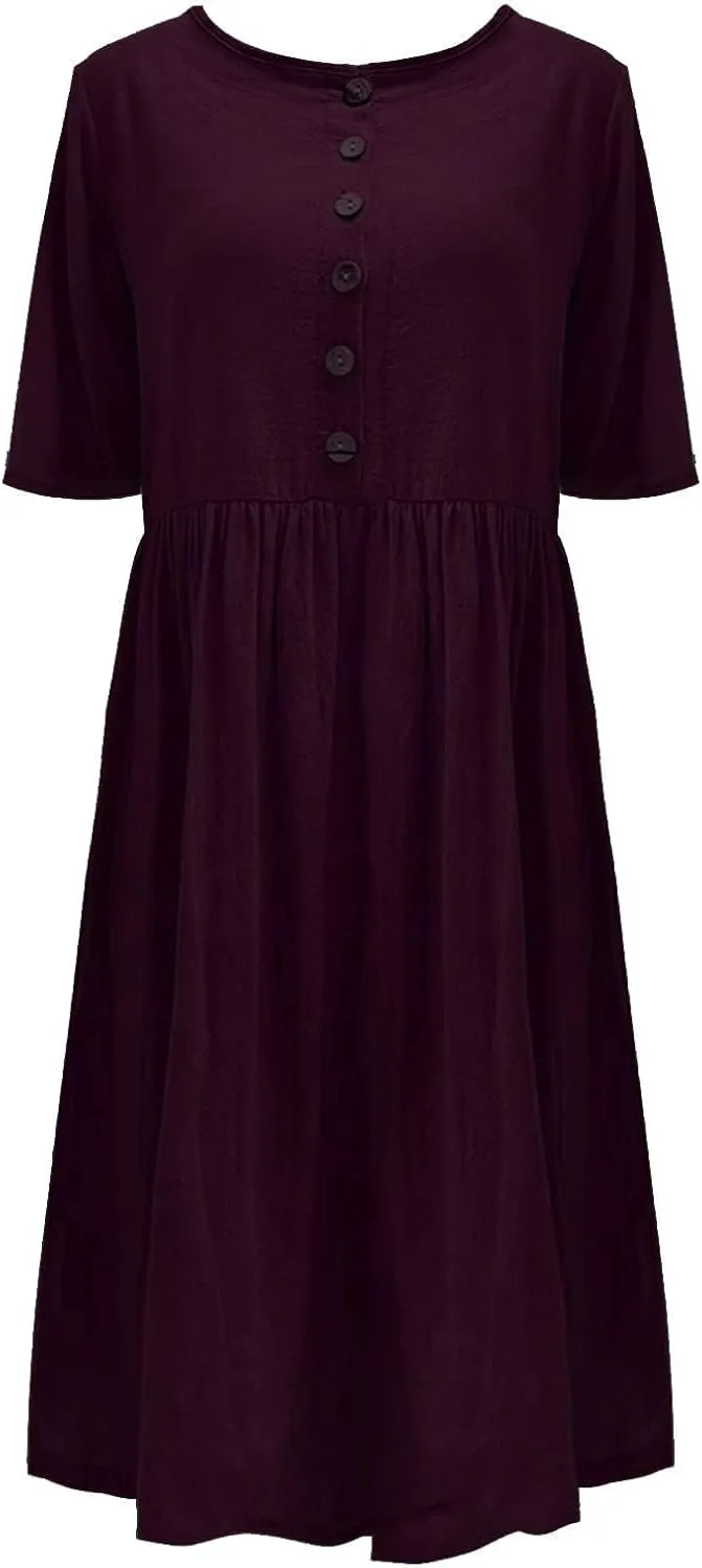 Linen Dresses for Women 2025 Short Sleeve Ribbed Knit Dresses a Line Flowy Business Sundress Basic Mini Work Dress
