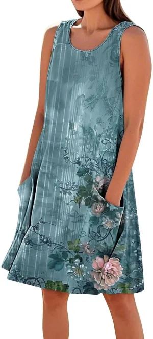 Linen Dresses for Women 2025 Sleeveless Crewneck Floral Print Tank Dress Casual Loose Sundress