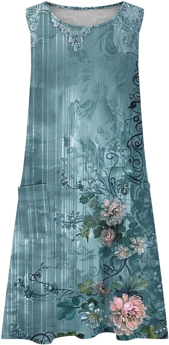 Linen Dresses for Women 2025 Sleeveless Crewneck Floral Print Tank Dress Casual Loose Sundress