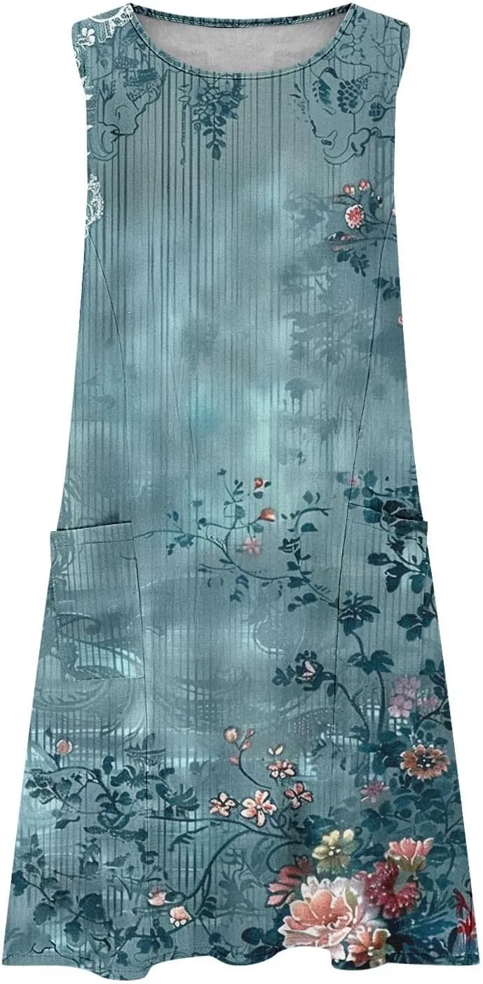 Linen Dresses for Women 2025 Sleeveless Crewneck Floral Print Tank Dress Casual Loose Sundress