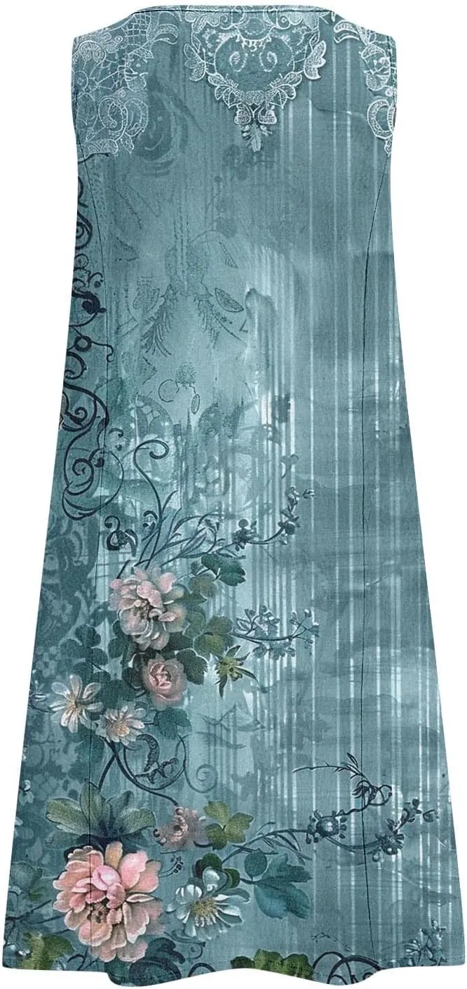 Linen Dresses for Women 2025 Sleeveless Crewneck Floral Print Tank Dress Casual Loose Sundress