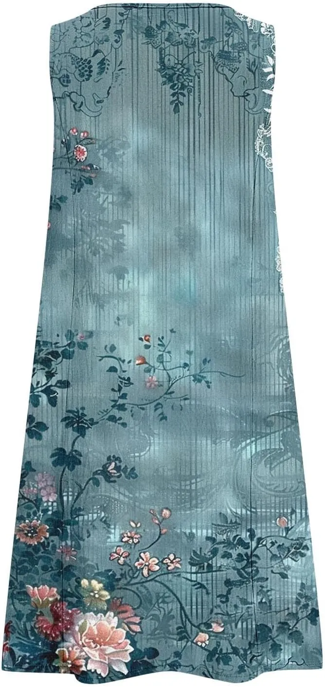 Linen Dresses for Women 2025 Sleeveless Crewneck Floral Print Tank Dress Casual Loose Sundress