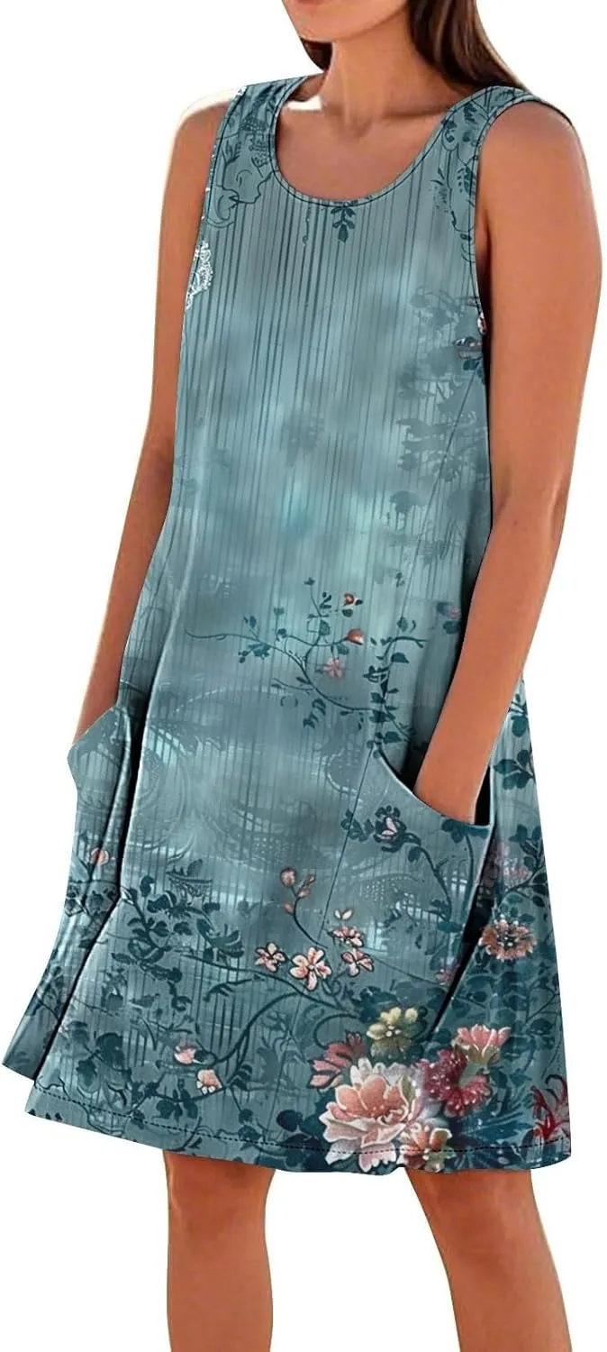 Linen Dresses for Women 2025 Sleeveless Crewneck Floral Print Tank Dress Casual Loose Sundress