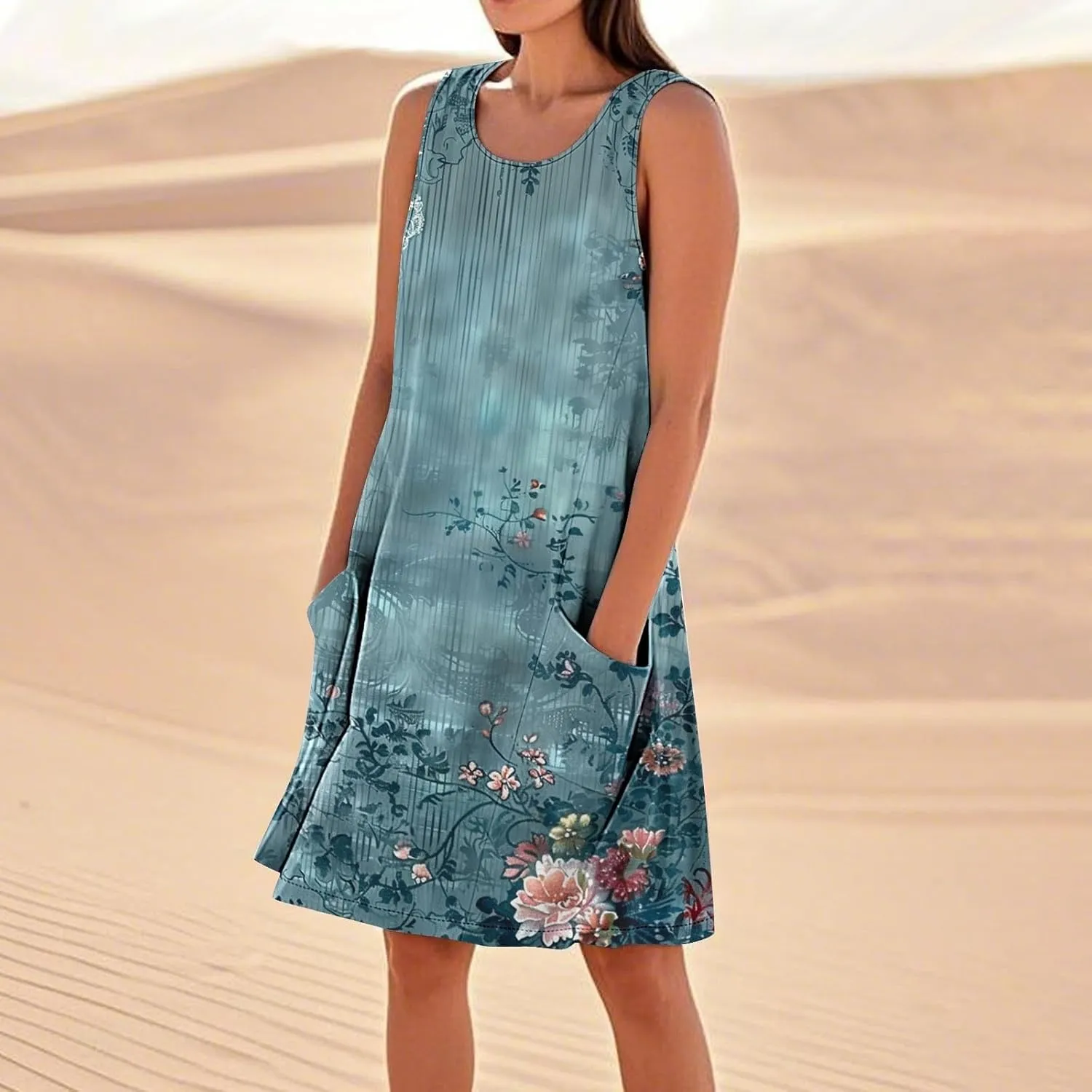 Linen Dresses for Women 2025 Sleeveless Crewneck Floral Print Tank Dress Casual Loose Sundress
