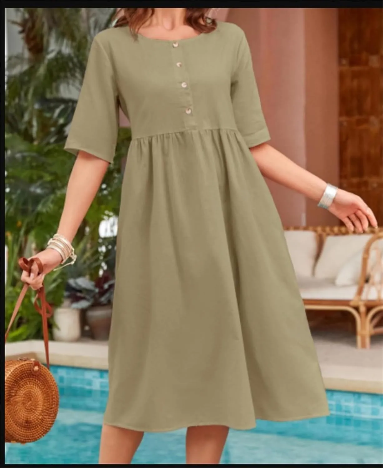 Linen Dresses for Women Casual Summer Button Round Neck T Shirts Dress Cute Comfy Flowy Swing Vacation Mini Dresses