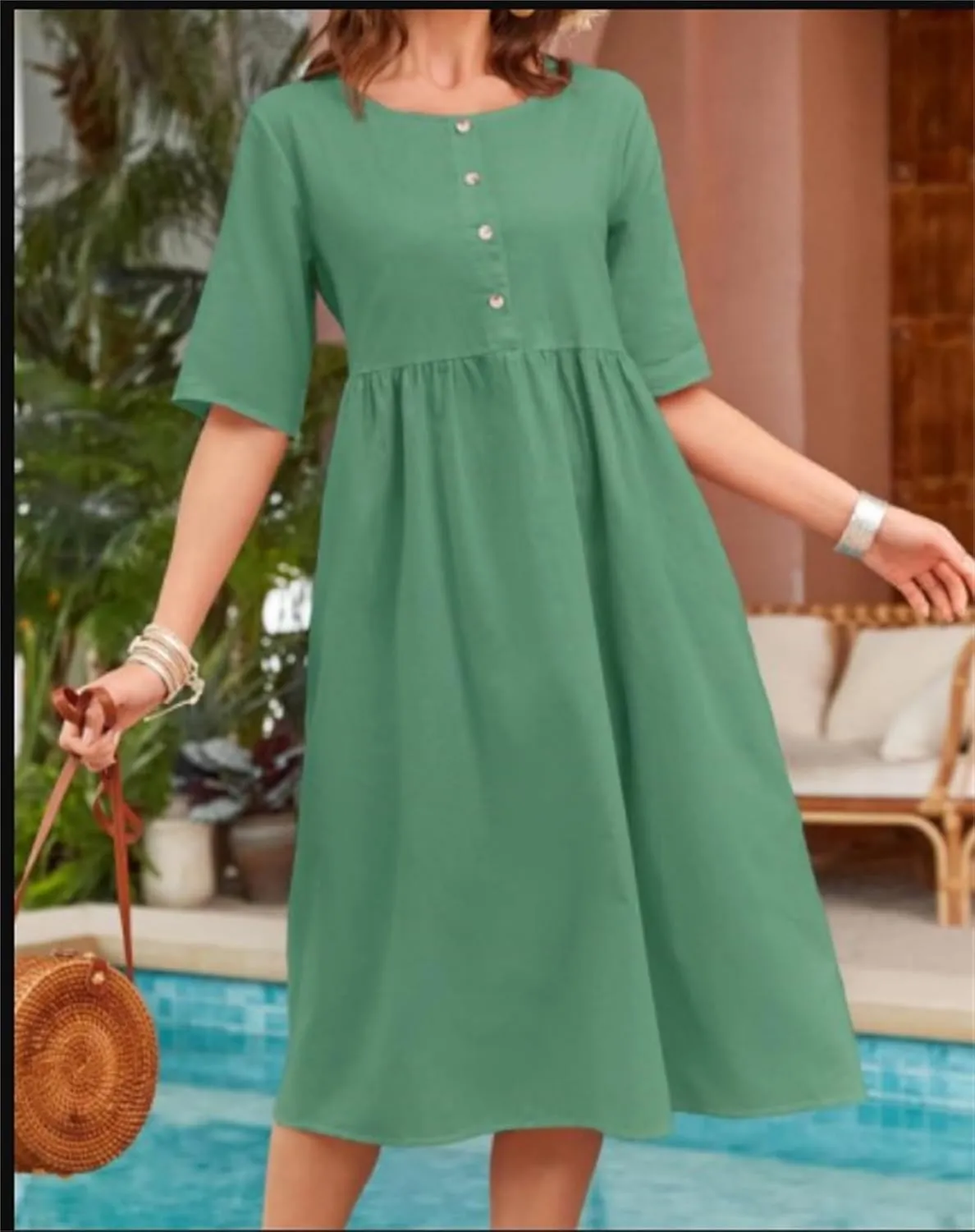 Linen Dresses for Women Casual Summer Button Round Neck T Shirts Dress Cute Comfy Flowy Swing Vacation Mini Dresses