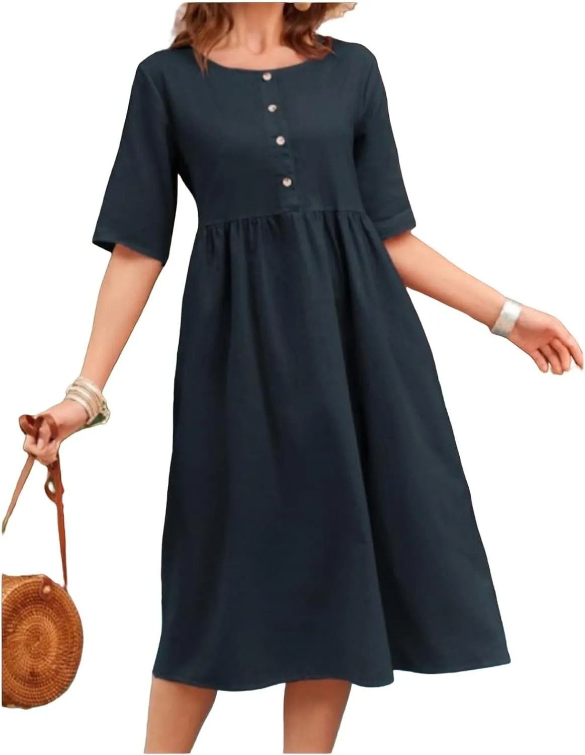 Linen Dresses for Women Casual Summer Button Round Neck T Shirts Dress Cute Comfy Flowy Swing Vacation Mini Dresses