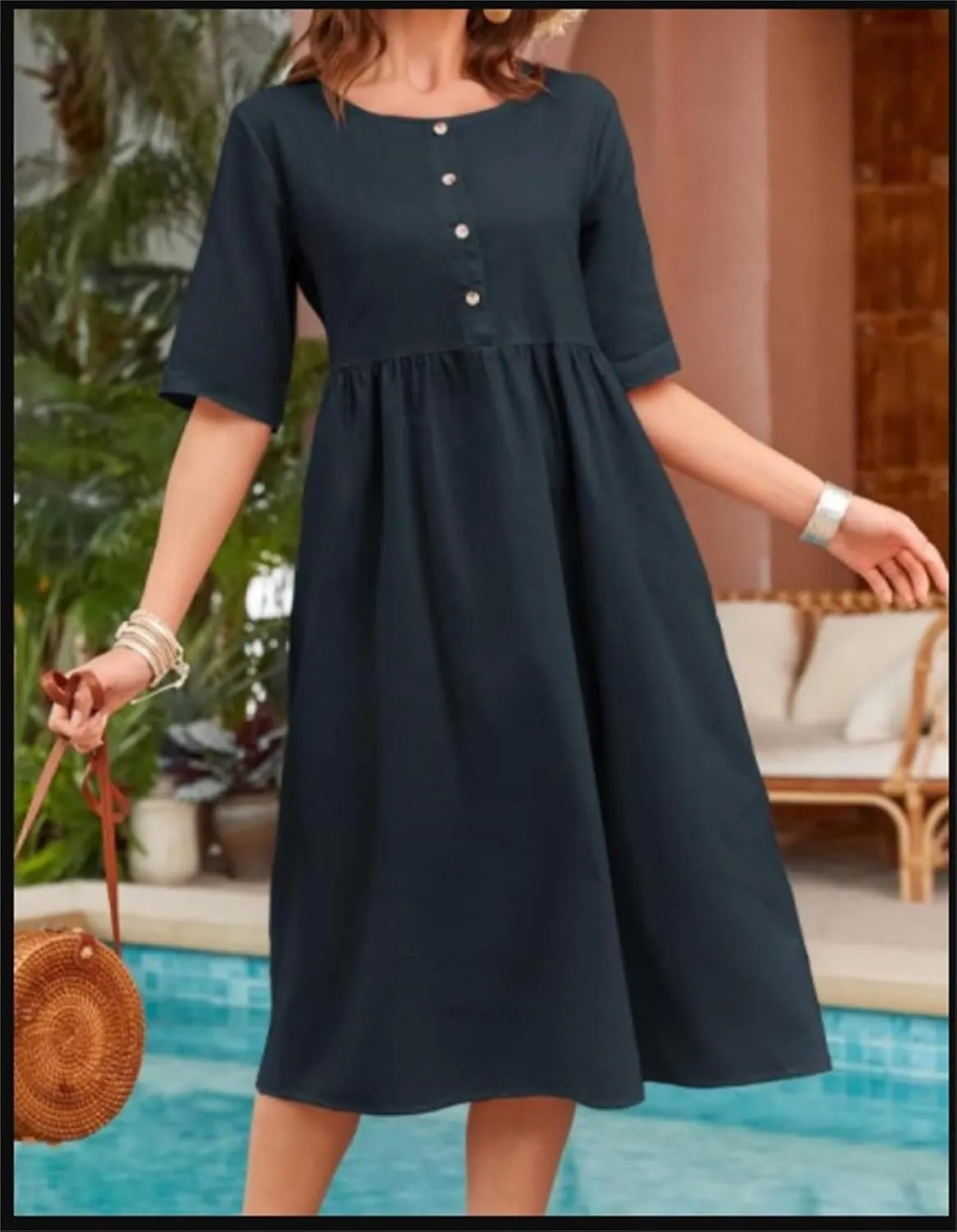 Linen Dresses for Women Casual Summer Button Round Neck T Shirts Dress Cute Comfy Flowy Swing Vacation Mini Dresses