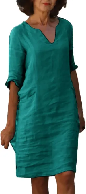 Linen Dresses for Women Summer 2025 Slimming Ribbed Knit Short Sleeve V Neck Dresses Swing Tshirt Lounge Short Dress