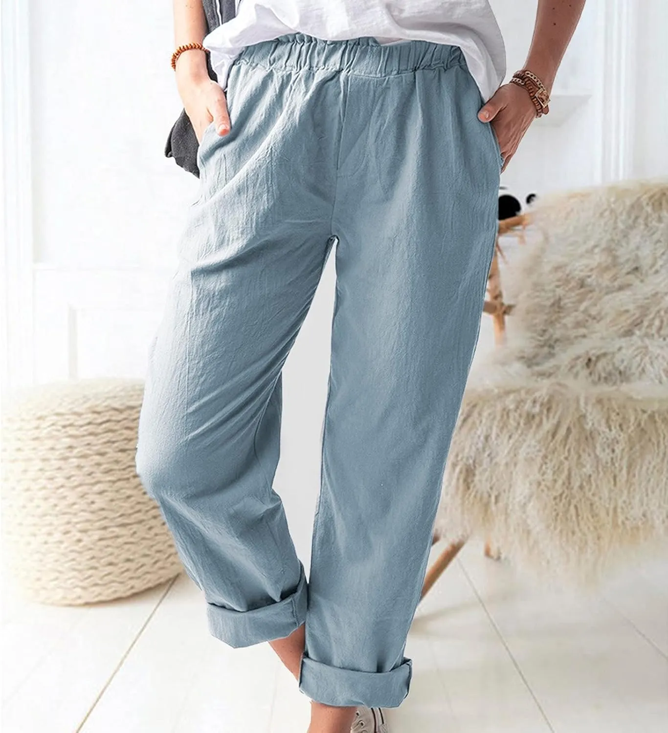 Linen Pant Women Solid Color Straight Leg Elastic Long Pants Drawstring Linen Women Linen Trousers for Women Summer