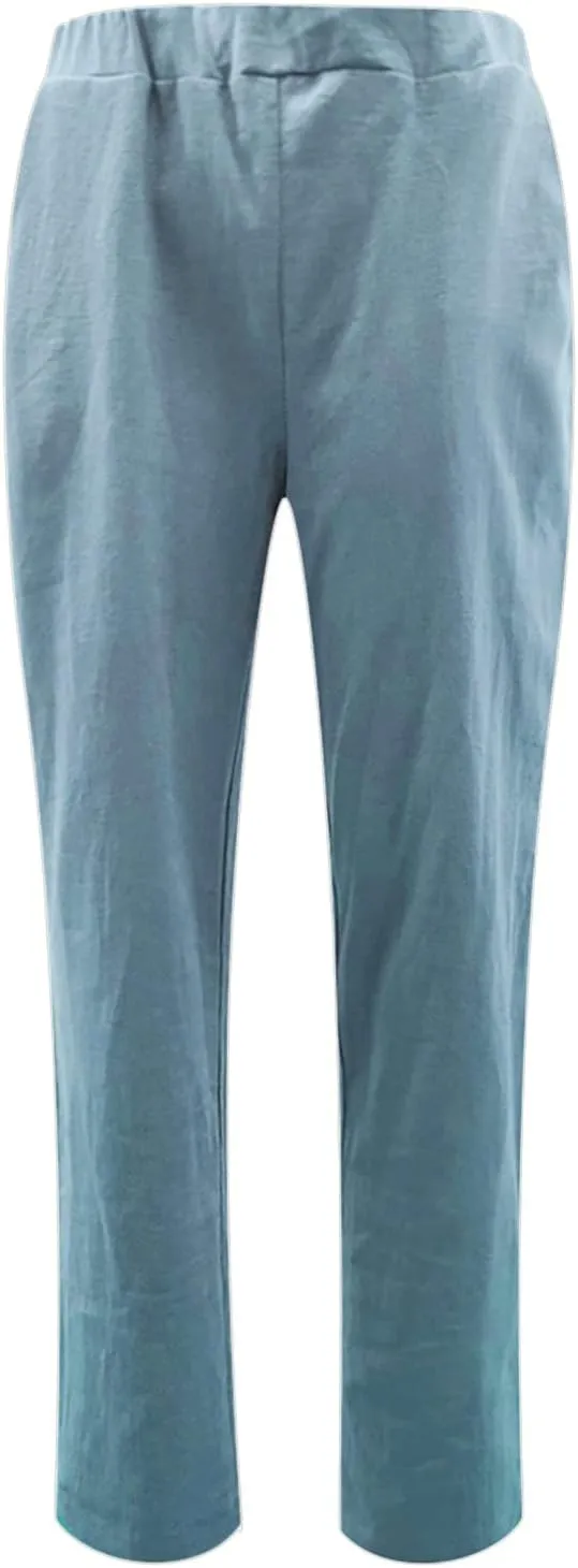 Linen Pant Women Solid Color Straight Leg Elastic Long Pants Drawstring Linen Women Linen Trousers for Women Summer