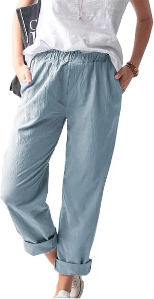 Linen Pant Women Solid Color Straight Leg Elastic Long Pants Drawstring Linen Women Linen Trousers for Women Summer