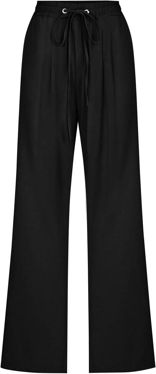 Linen Pants for Women Pleated High Waist Drawstring Comfy Casual Pants Lightweight Loose Trousers with Pockets