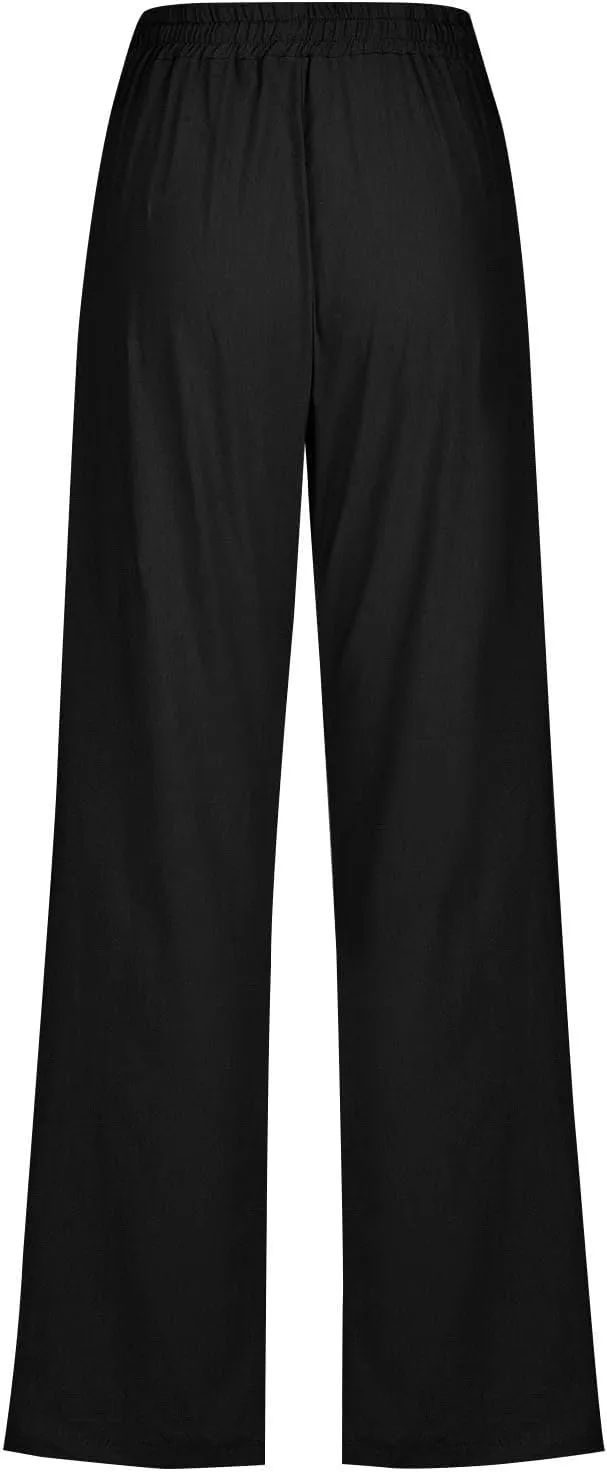 Linen Pants for Women Pleated High Waist Drawstring Comfy Casual Pants Lightweight Loose Trousers with Pockets