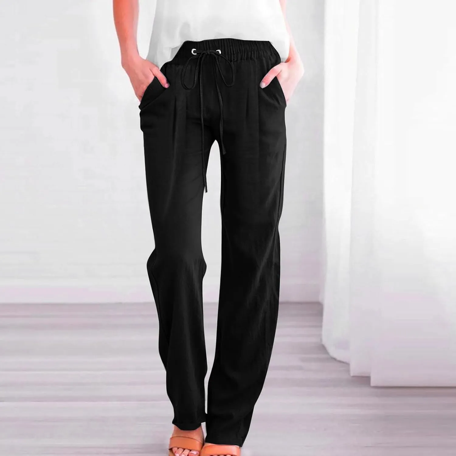 Linen Pants for Women Pleated High Waist Drawstring Comfy Casual Pants Lightweight Loose Trousers with Pockets