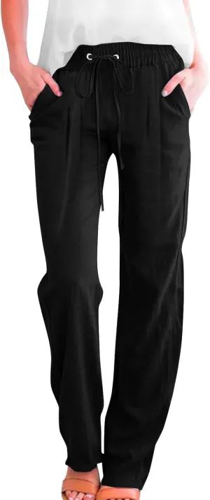 Linen Pants for Women Pleated High Waist Drawstring Comfy Casual Pants Lightweight Loose Trousers with Pockets