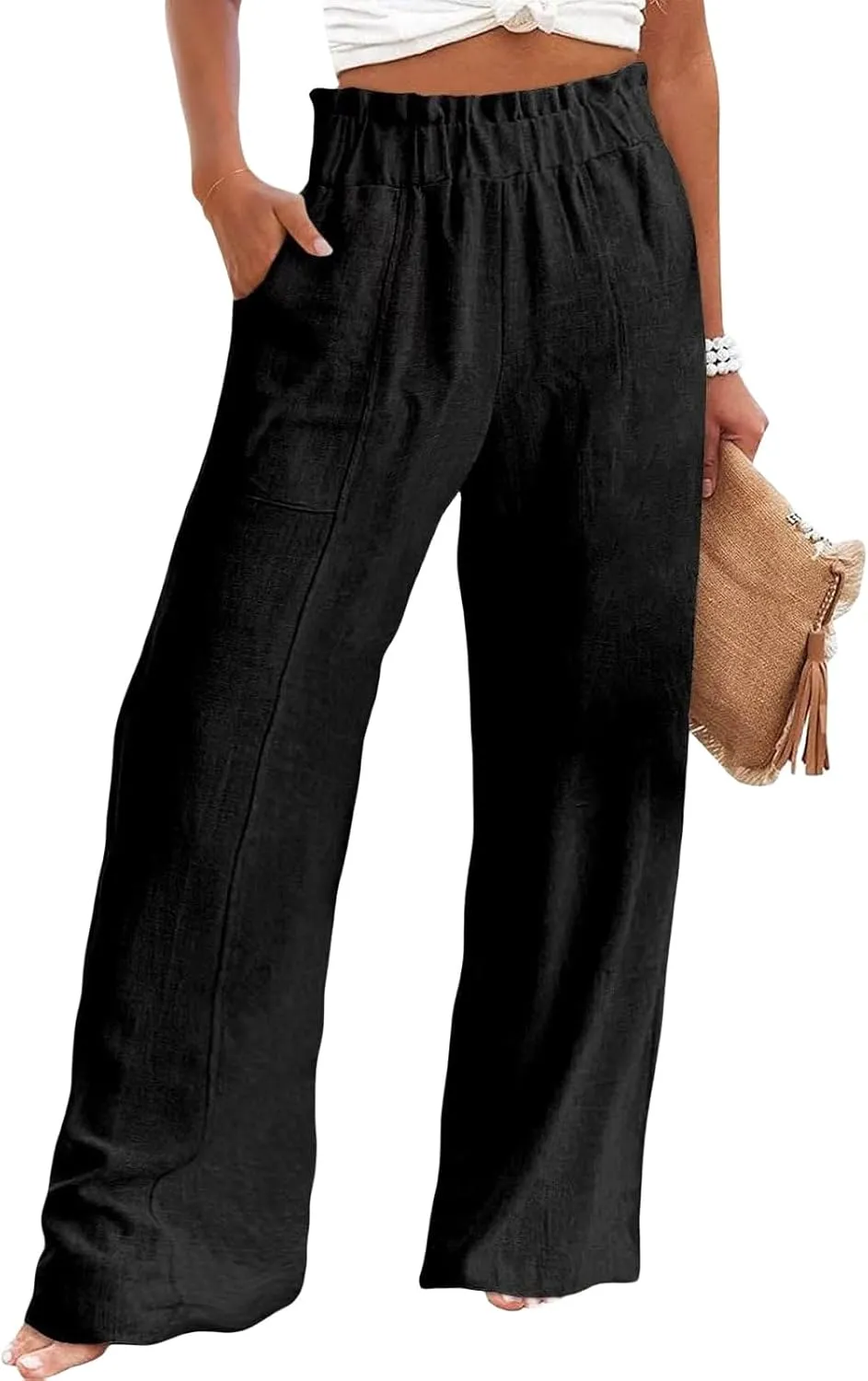 Linen Pants for Women Wide Leg High Waisted Long Pant Casual Straight Leg Trousers Waist Elastic Bottoms with Pockets