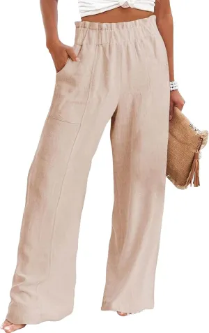 Linen Pants for Women Wide Leg High Waisted Long Pant Casual Straight Leg Trousers Waist Elastic Bottoms with Pockets
