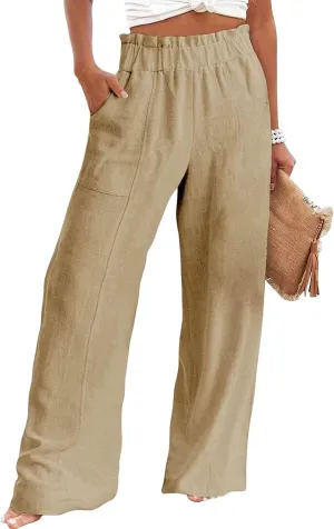 Linen Pants for Women Wide Leg High Waisted Long Pant Casual Straight Leg Trousers Waist Elastic Bottoms with Pockets