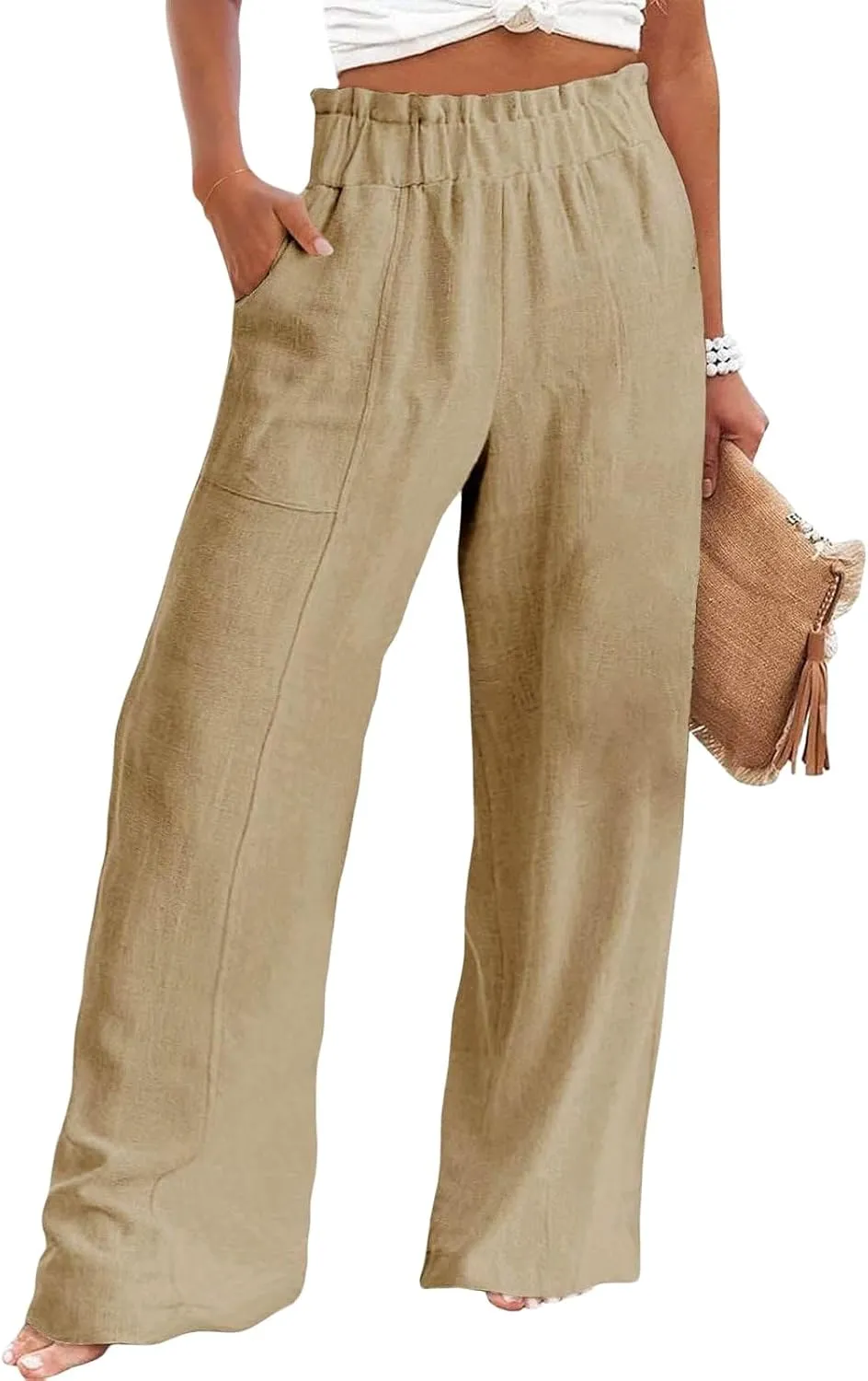 Linen Pants for Women Wide Leg High Waisted Long Pant Casual Straight Leg Trousers Waist Elastic Bottoms with Pockets